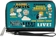 [Buckle-Down] Peanuts Wallet, Zip Around, Peanuts Gang Dance Music Poses and Quotes Blue Multi Color, Vegan Leather