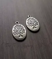 4 Tree of Life Charms Antiqued Silver Stamped Pendants Oval 2 Sided