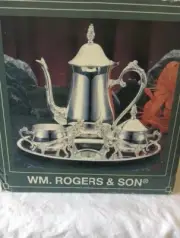 NEW IN BOX, WM ROGERS SILVER PLATED COFFE/TEA SET W/ TRAY