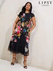 Lipsy Black Curve Floral Printed Chiffon Fit And Flare Midi Dress (AU2511) | $185