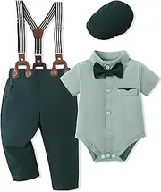[SOLOYEE] Baby Boy Suit 18-24 Months Infant Baby Boy Clothes Wedding Gentleman Outfits Boys Short Sleeve Shirt + Bowtie+Beret+Suspender Pants Baby Tuxedo Ropa de Bebe Niño Green, Green, 18-24 Months