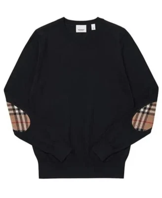 $830 BURBERRY BEMPTON BLACK MERINO WOOL ELBOW CHECK PATCHES PULLOVER SWEATER S