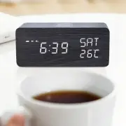 Wooden Digital Alarm Clock With Wireless Charging Black Adjustable Brightness
