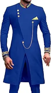 [JEShifangjiusu] African Clothes Men's Suit Suit Pants Set With Waist Blazer Embroidery Chain, Blue1, 5XL