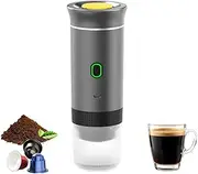 Supercap - Mini Electric Espresso Coffee Machine, Small Self-Heating, Portable Car Coffee Maker with Capsule and Ground Coffee for Office, RV, Travel, Camping, Hiking (gray)