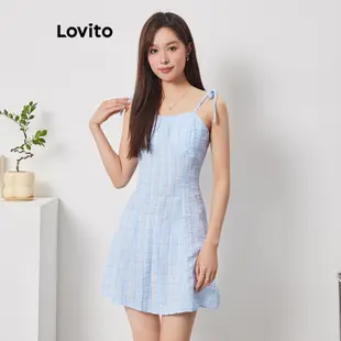 Lovito 女式波西米亞格紋抽繩洋裝 L74ED192 (藍色)