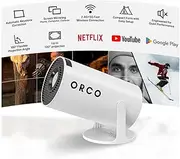 ORCO Mini Projector | Netflix, YouTube and Google Play | Built-in Speakers, WiFi 6, HDMI, and Bluetooth | Low Noise | Computer, Phone, PS5, | 180° Projection Angle