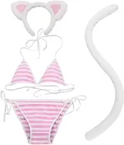 [GREUS] Womens Striped Bikini Set with Cat Ears Headband Plush Tail Sexy Swimsuit Cosplay Lingerie for Role Play Halloween Costume
