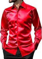 AOTORR Men's Luxury Shiny Silk Like Satin Button Up Dress Shirts Slim Fit Long Sleeve Nightclub Party Disco Prom Shirts