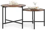 Giantex Round Coffee Table Set of 2, Nesting Tables with Metal Frame, Imitated Wood Grain Top, Adjustable Foot Pads, Circle End Side TV Tray, Center Table for Living Room Bedroom (Rustic Brown)