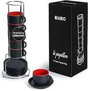 MIAMIO - 75 ml Espresso Cup Set with Saucers Coffee Mug Set of 6 - Ceramic Coffee Mug Stackable Espresso Mug with Stand for Coffee Drinks, Latte, Cafe Mocha - Le Papillon Collection (Red)