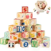 Joqutoy Large Wooden ABC Biulding Block Set, 1.65” Alphabet and Number Stacking Blocks, 26 PCS Wooden Building Block Toy for Learning, Educational Alphabet Block Set for Toddlers and Babies
