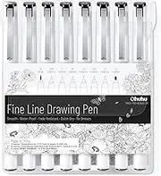 Fineliner Drawing Pen, Ohuhu Set of 8 Pack Ultra Fine Line Drawing Markers, 8 Assorted Tip Sizes, 7 Fine Tip Markers with a Brush Tip, Black Ink for Markers Painting, Card Writing