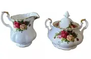 ROYAL ALBERT ENGLAND BONE CHINA OLD COUNTRY ROSES CREAMER & SUGAR WITH LID