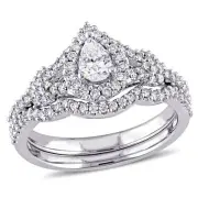 Amour 14k White Gold Pear & Round-Cut Diamond Halo Split Shank Bridal Ring Set