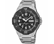 Casio Sport Men's Stainless Steel Quartz Wristwatch Water Resistant 10 Atm, Day & Date, Mineral Dial Model Xyz123, Silver