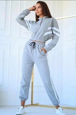 Womens 2 Piece Loungewear Set Cropped Sweatshirt Joggers Tracksuit Grey SIZE ONE