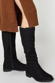 Dorothy Perkins Womens Knee High Boots Black Faux Leather Flat Wide Fit