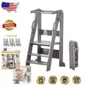 Foldable Montessori Step Stool for Kids - 3-Level Height Adjustable Grey Tower