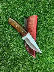 wooden handle fixed blade hunting/fishing knife carbon steel with leather sheath