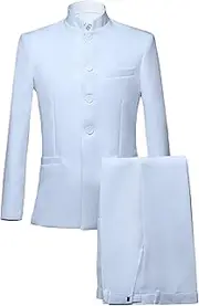 [Aosufei] Men's Button Up 2 Piece Solid Suit Set Floral Slim Fit Wedding Dress Suits Stylish Stand Collar Blazer Pants Sets, White1, Medium