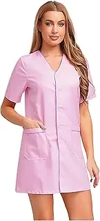 [Yeahdor] Womens V Neck Button Front Hospital Nurse Dresses Scrub Lab Smocks Barber Coat Uniform Workwear