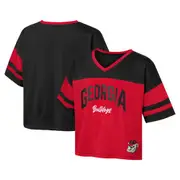 Outerstuff Girls Youth Red Georgia Bulldogs The Playmaker Sleeve Stripe V-Neck Jersey T-Shirt at Nordstrom, Size Xl