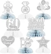 8Pcs Diamond Wedding Anniversary Table Decorations, Honeycomb Centerpieces Table Toppers 60th Wedding Anniversary Cheer to 60 Years Romantic Decorations