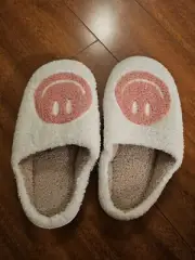 Smiley Face Slippers/Slides **NEW** Pink and White Fuzzy Womens Shoes