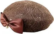 [Generic] 2025 Fashion Woven French Beret Hat for Women Elegant Bow Pearl Decoration Berets Slouchy Crochet Artist Artist Cap