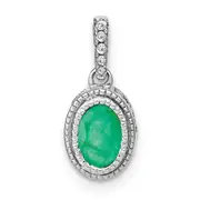 14k White Gold Oval Emerald and Real Diamond Pendant