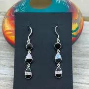 Elegant modern inlay dangle earrings Black Jet Opal Navajo handmade James Manyg