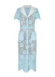 Self-portrait Belted Guipure Lace Midi Dress - Blue - 12 12