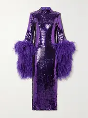 [Taller Marmo] Taller Marmo - Del Rio Disco Feather-trimmed Sequined Tulle Midi Dress - Purple - IT38 IT 38 Purple