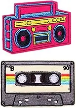 KUPOOL 2Pcs Iron on Patches Music Lovers Vintage Tapes and Recorders Clothes Embroidery Cloth Embroidered Sew on/Iron-on Punk Applique for Hat Pants DIY Patch, blue, F, (sx25-1)