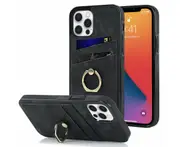 Full Protection Cover for iPhone 12, 2 Cards PU Leather Case with Ring Holder - Black