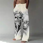 Men's Skull Graphic Prints Linen Pants Trousers Baggy Pants Mid Waist Fashion Big and Tall Casual Daily Elastic Drawstring Design Front Pocket Straight Leg Spr