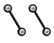 PAIR 14G 9/16 BLACK STEEL DOUBLE FRONT CZ FACING NIPPLE RING BARBELL NIPPLERINGS