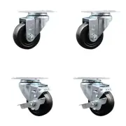 3 Inch SS Hard Rubber Wheel Swivel Top Plate Caster Set with 2 Brakes SCC