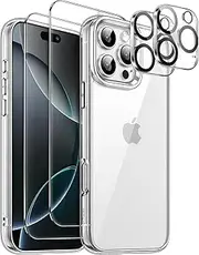 JETech 5 in 1 Case for iPhone 16 Pro 6.3-Inch with 2 Pack Each Tempered Glass Screen Protectors and Camera Lens Protectors, Non-Yellowing Shockproof Bumper Phone Cover (Clear)