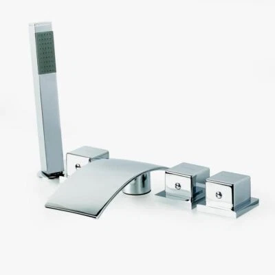 3-Handle Deck-Mount Waterfall Roman Tub Faucet Polished Chrome Handheld shower