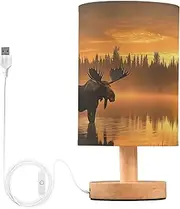 [ZRYSMY] Table Lamp Sunset Moose Landscape with USB Port for Living Room Nightstand Lamp with Linen Fabric Shade Small Bedside Lamps for Bedroom, Dorm, Office (LED Bulb Included)
