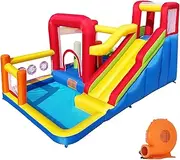 Hongcoral Bounce House, Inflatable Bounce Castle with Blower for Kids, Blow Up Jumping Bouncer with Slide, Climbing Wall, Obstacles, Trampoline, Ball Pit Pool for Indoor Outdoor