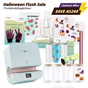 Auto Tumbler Heat Press Machine +Super Valued Bundle(30pcs Sublimation Paper+6pack Sublimation Mugs Blank-11oz+4Pack Glass 16oz+4Pack Tumbler Blank- 20oz+Sticker Paper*20+Mirror Metallic Adhesive Roll+Gloves≥A$278)