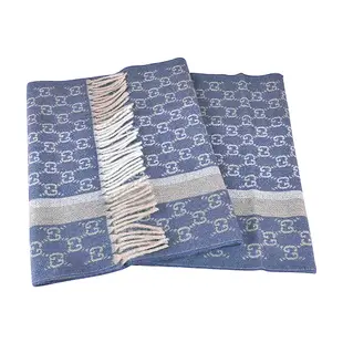 GUCCI雙G緹花LOGO條紋設計羊毛流蘇圍巾(藍x灰藍)