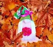 Cute Garden Gnome – Pink Beard, Green & Pink Flower Hat, Butterfly Decoration