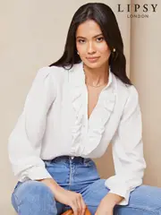 Lipsy White Ruffle Placket V-Neck Blouse (AY9244) | $63