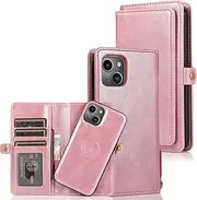 Cavor for iPhone 14 Wallet Case,2 in 1 Magnetic Detachable Case Leather Flip Cover with Stand Feature & Card Slots & Wristlet Strap (6.1")-Pink