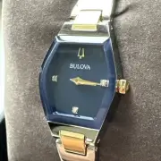 Bulova Gemini Diamonds Quartz Blue Dial Steel Ladies Bangle Watch 98P218