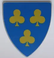 Lego Castle Minifig Shield Triangular 3 Yellow Trefoils on Blue Background